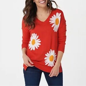 Laurie Felt Cashmere Blend Daisy Print V-Neck Sweater Poppies Orange  Size M